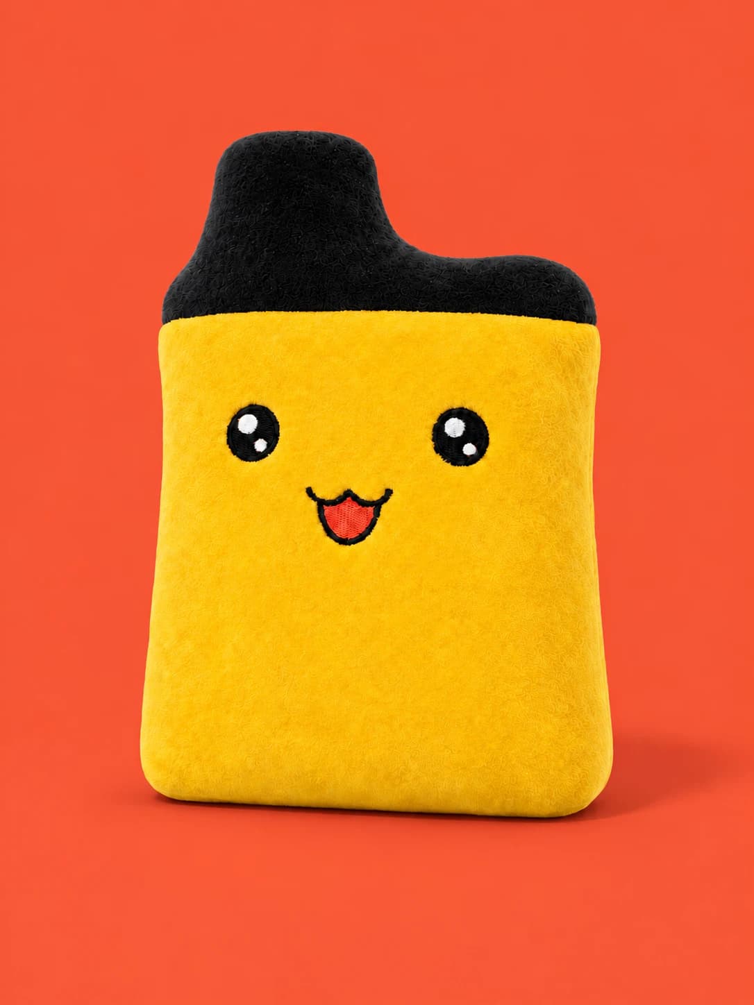 Alpho Mango vape plushie, front: mango-yellow plush vape holder with a smug stitched smile and a black mouthpiece cap
