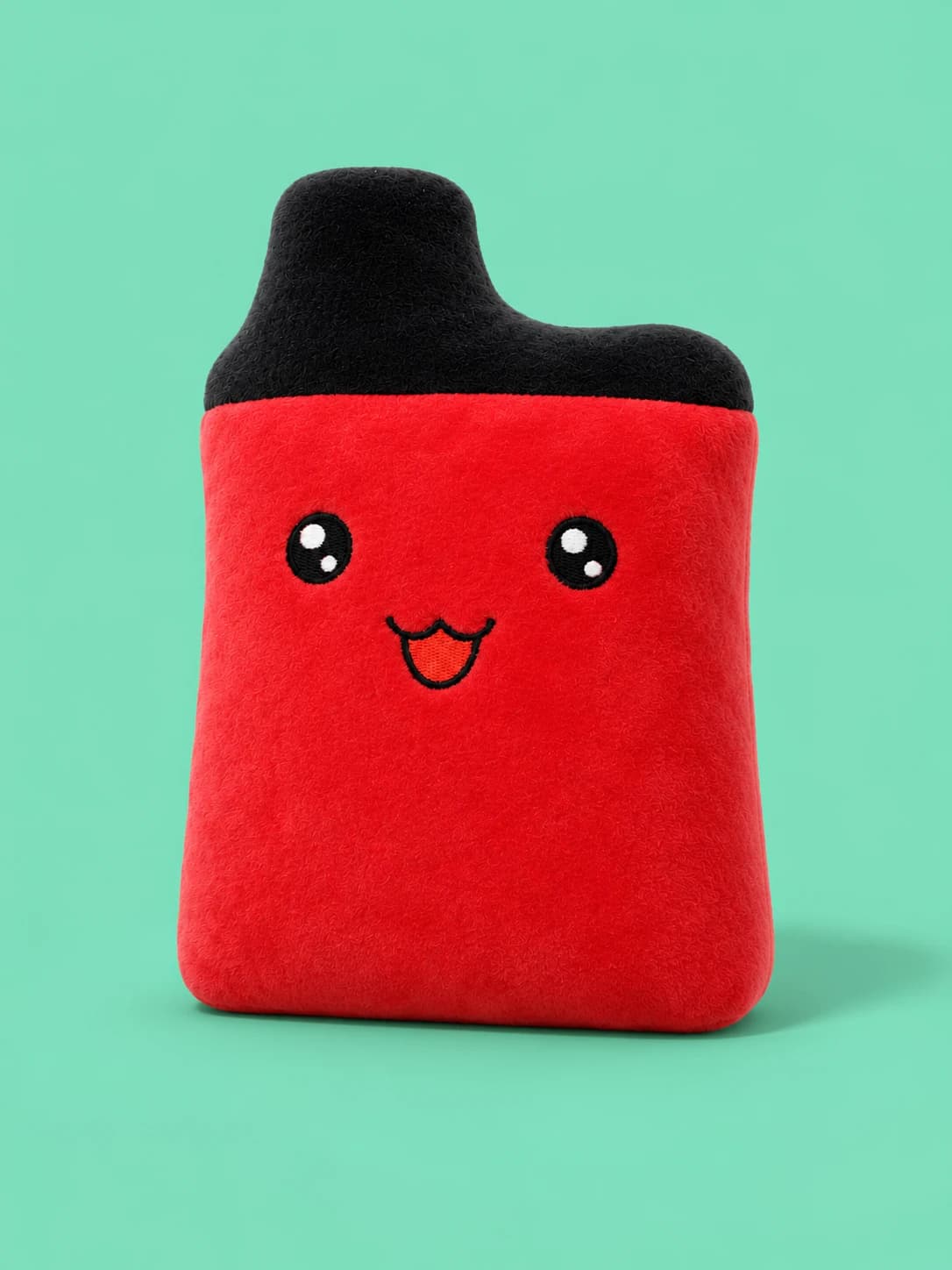 Strawberry vape plushie, front: red minky plush vape holder with an embroidered smile and a black mouthpiece cap