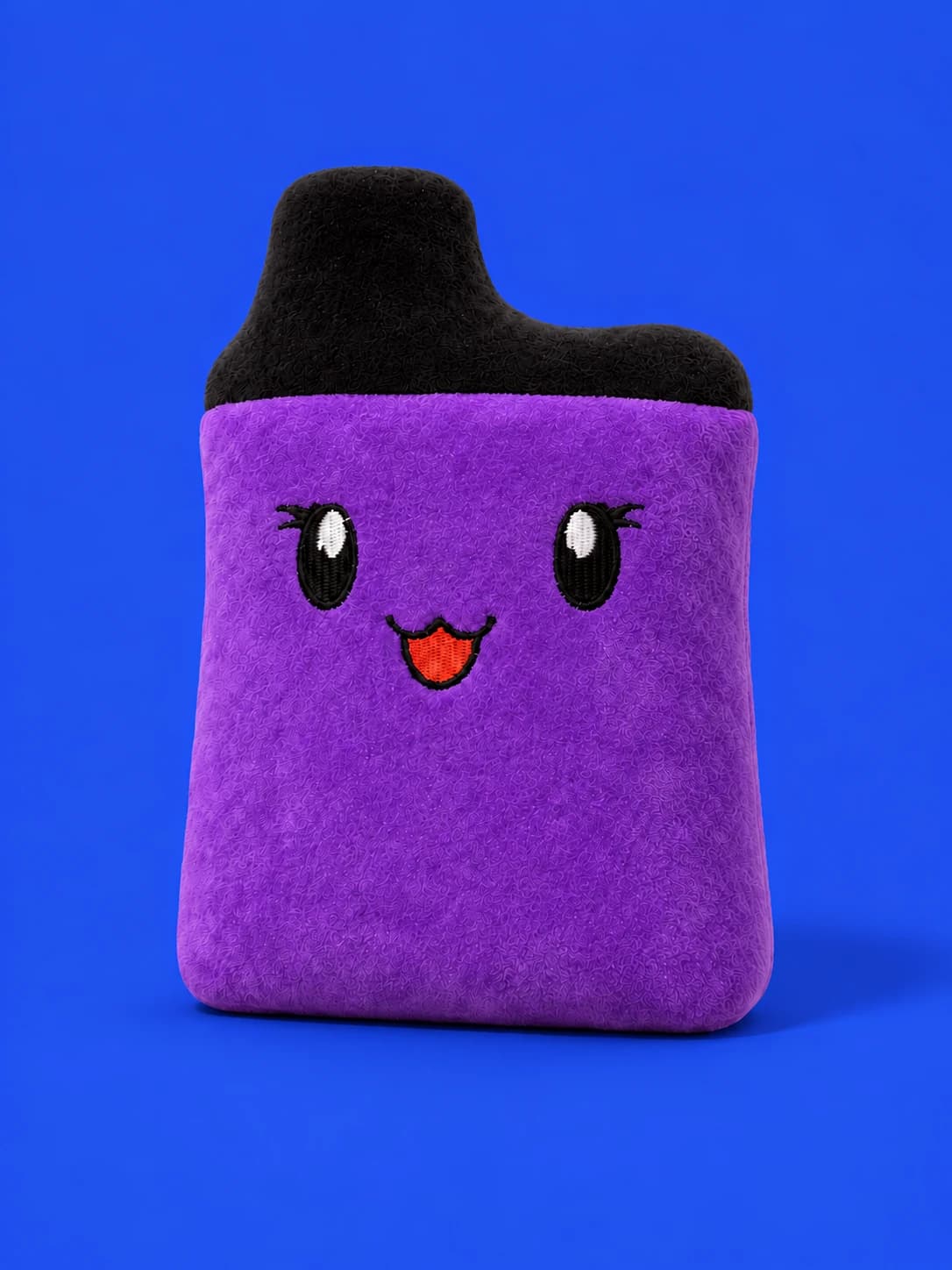 Purple Puff Girls vape plushie, front: grape-purple plush vape holder with stitched lashes and a black mouthpiece cap